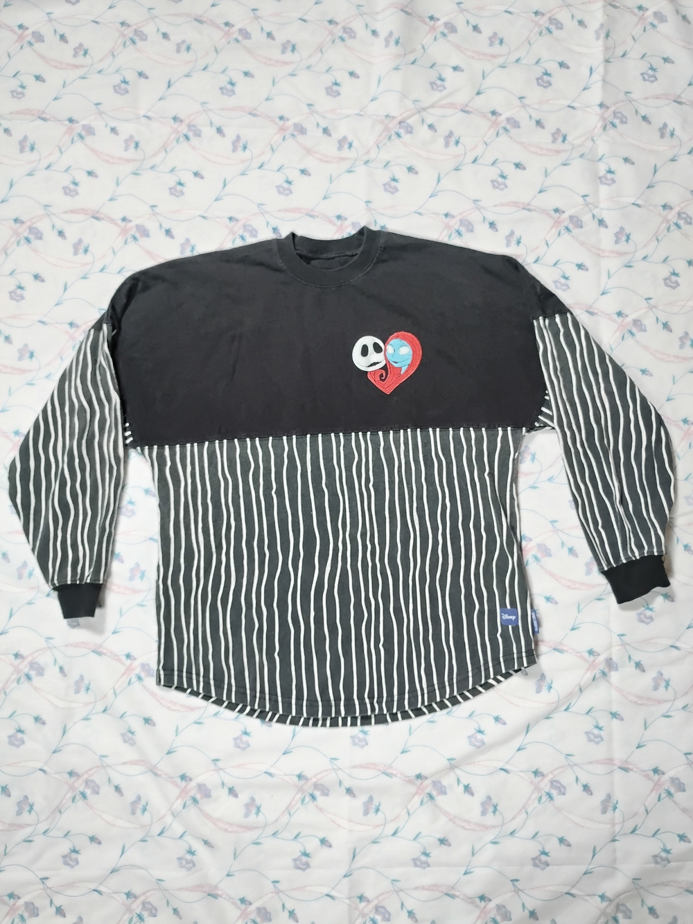 Disney Black Long-Sleeve Striped Graphic Tee with Red Heart Patch